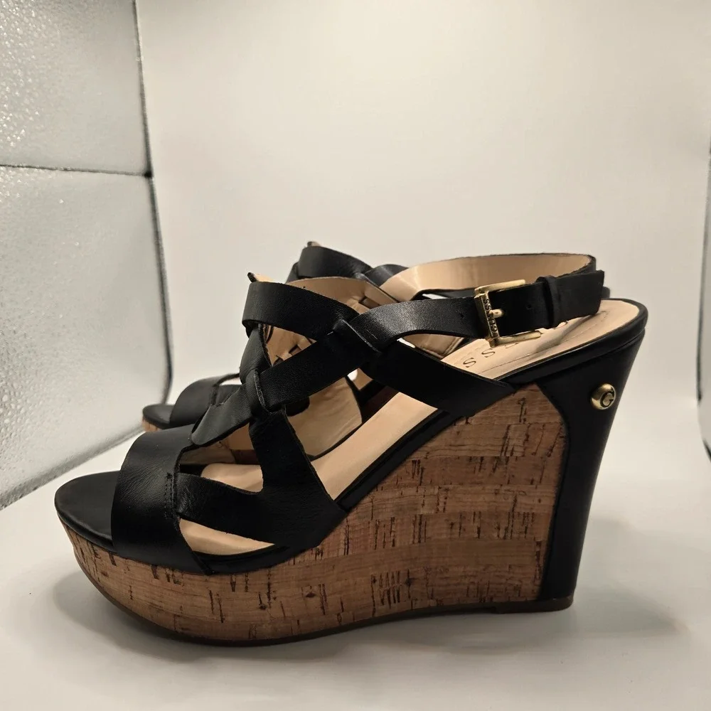 Guess Wedge Sandals Womens 8.5 Black ‎ Leather Cork Strappy Platform (S11)